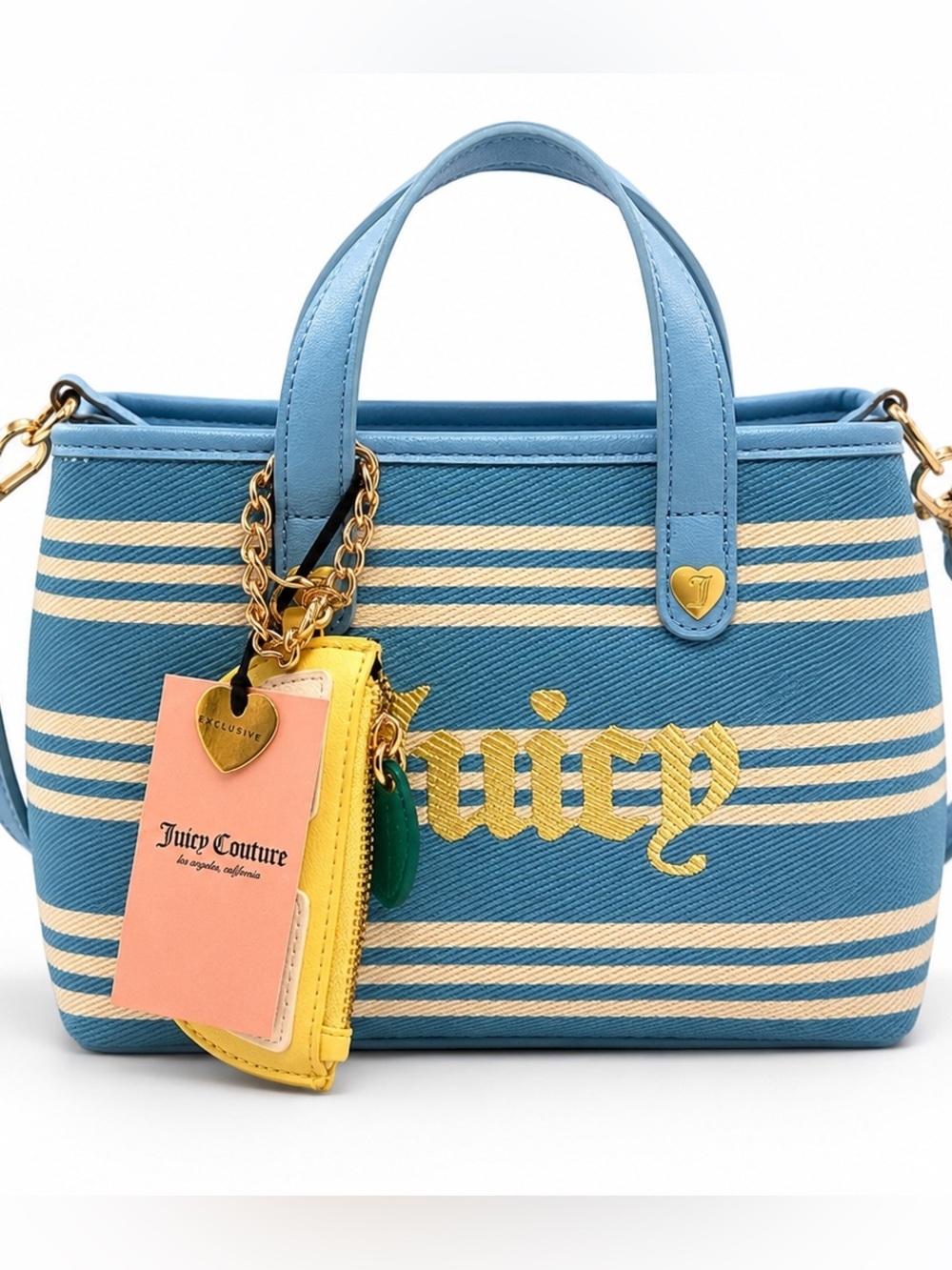 Juicy Couture PARADISE Light Blue Striped Mini Tote with Lemon Coin Pouch